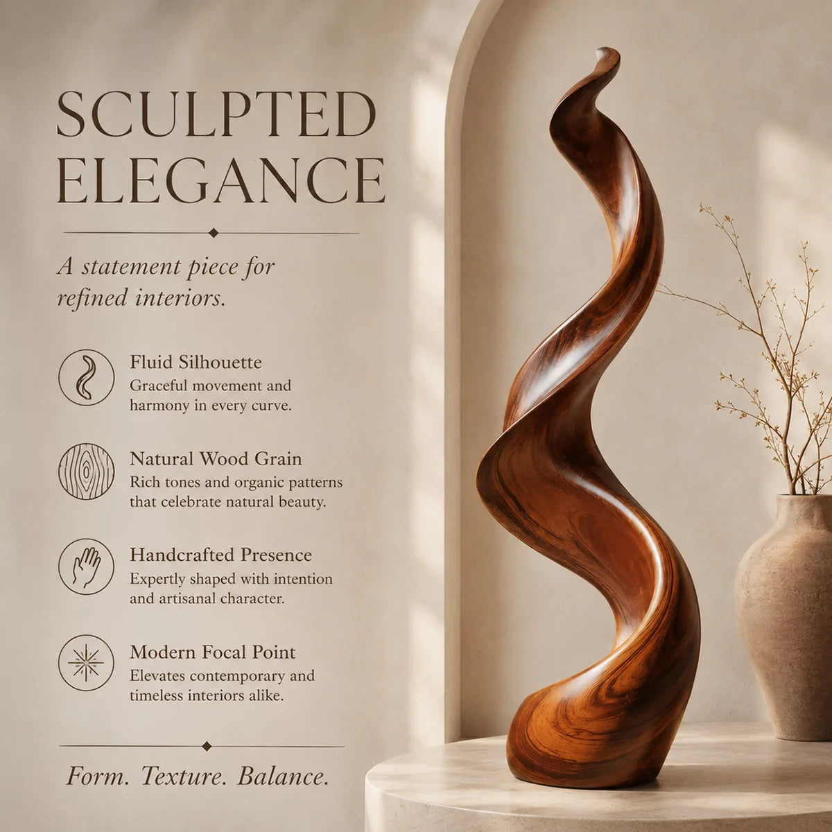 Handcrafted Solid Wood Wave Floor Sculpture – Modern Organic Statement Decor TT006-2611