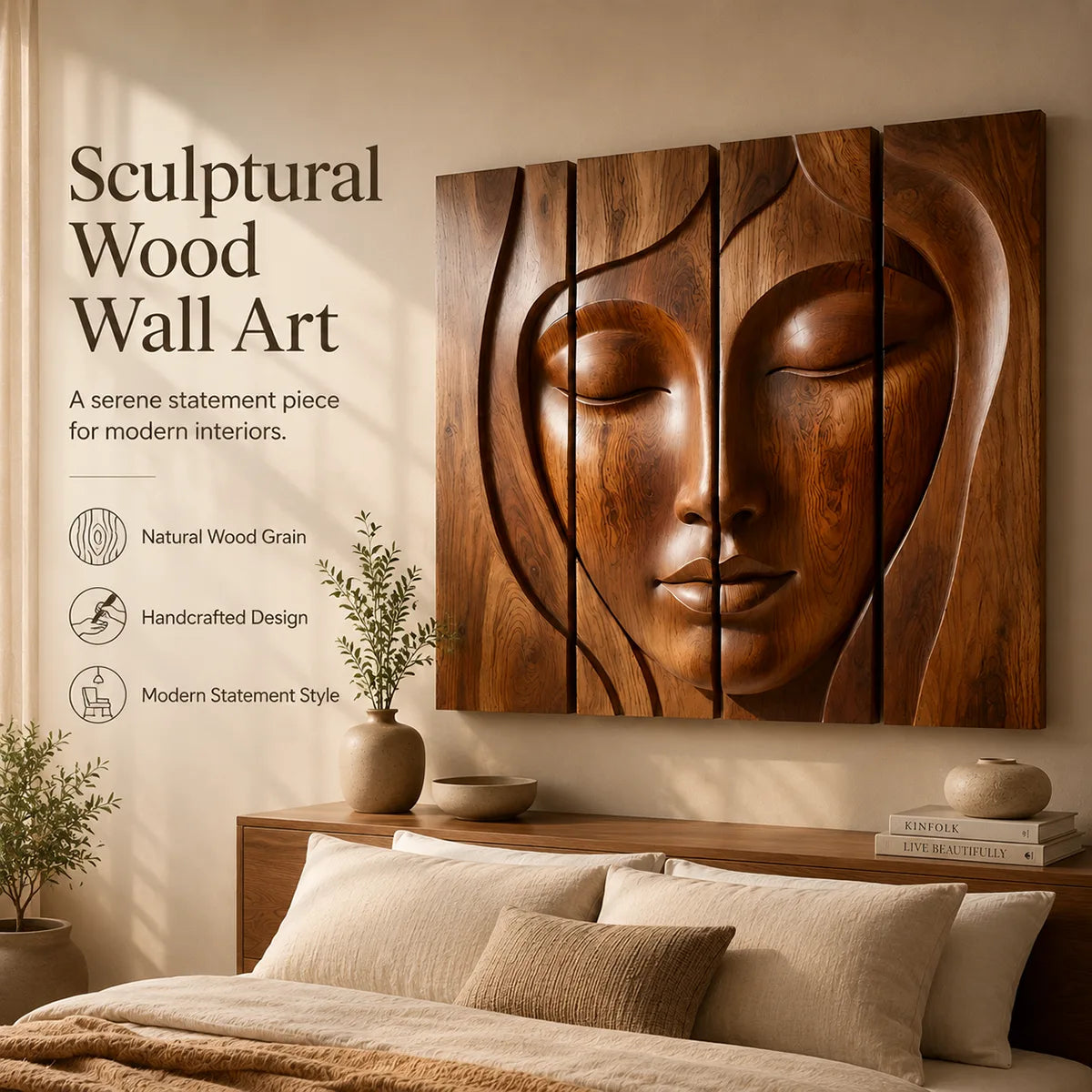 Abstract Wooden Face Wall Art | Large 4 Panel Hand Carved Wood Sculpture TT006-6938