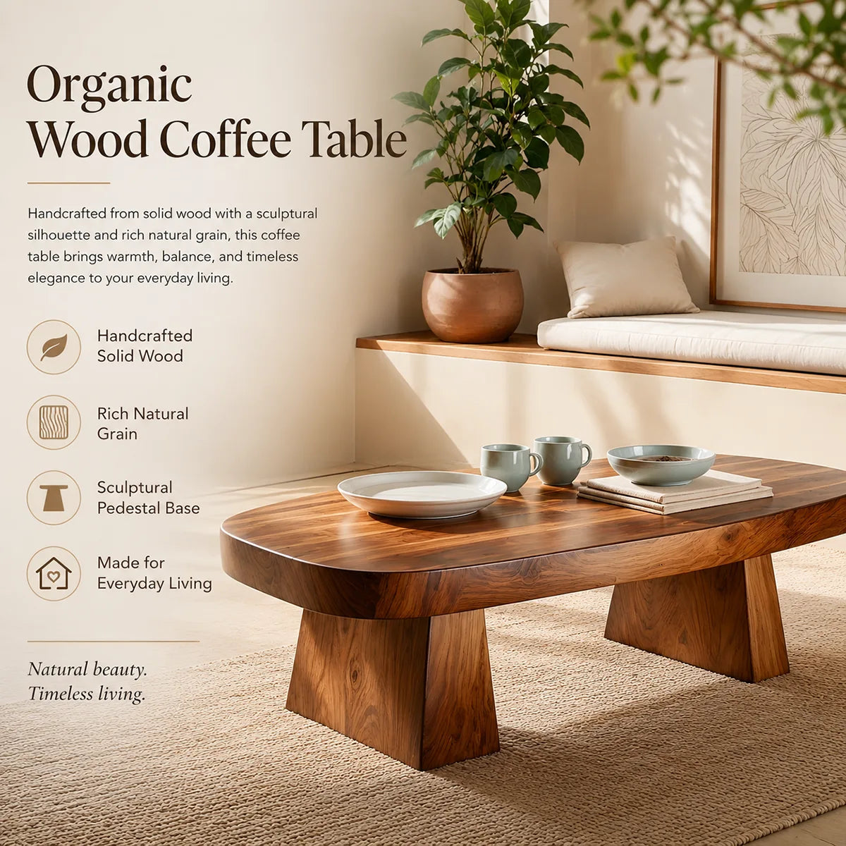 Modern Solid Wood Coffee Table | Minimalist Rectangular Hardwood Coffee Table for Living Room TT006-4042