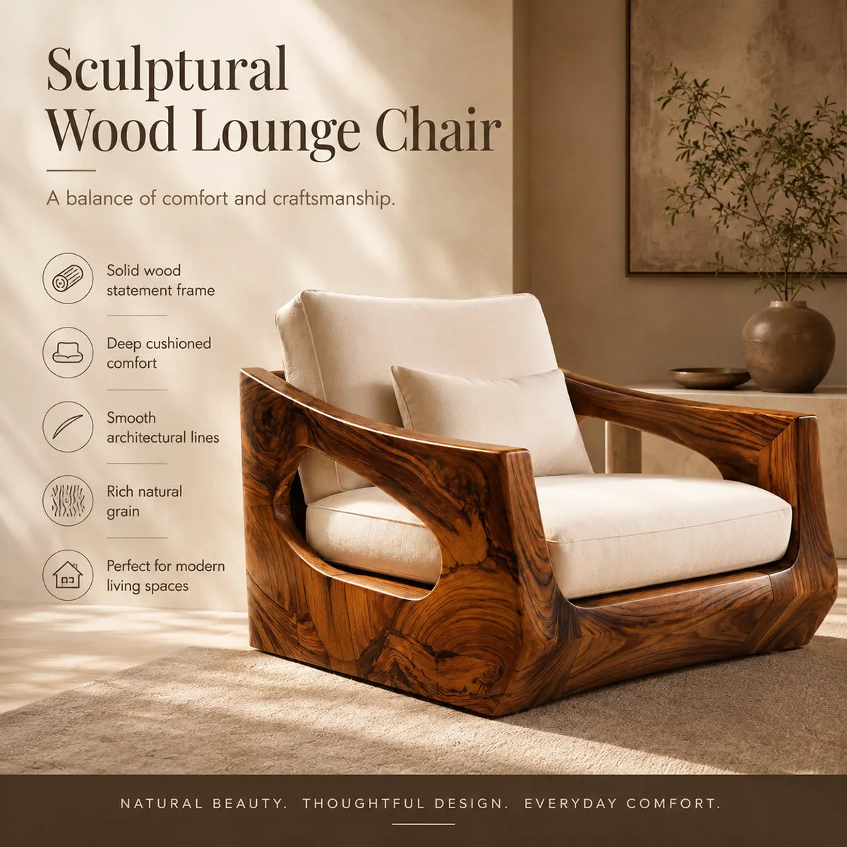 Organic Modern Solid Wood Lounge Chair, Sculptural Wooden Accent Chair for Living Room TT006-4943