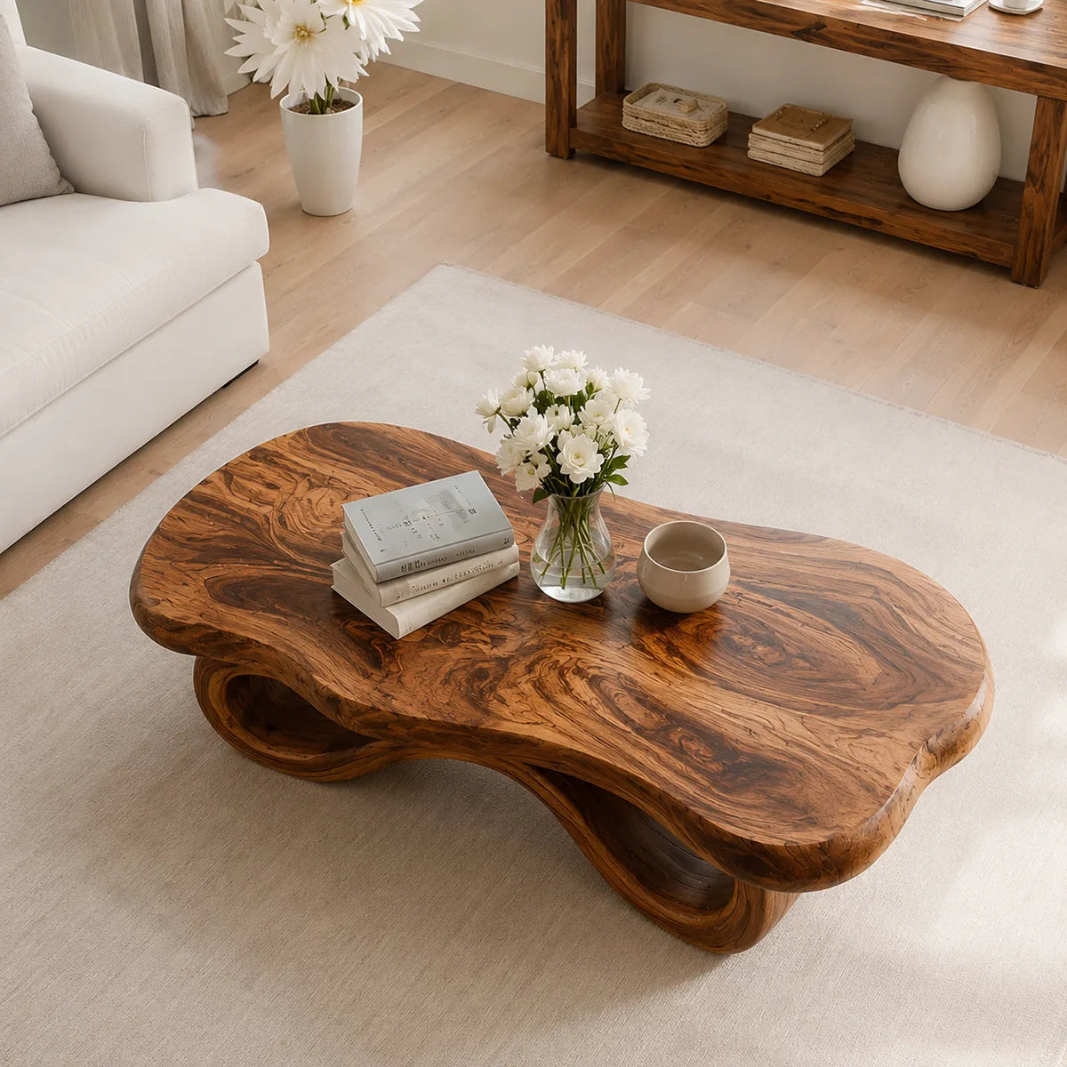 Organic Sculptural Solid Wood Coffee Table – Handcrafted Wave Base Center Table