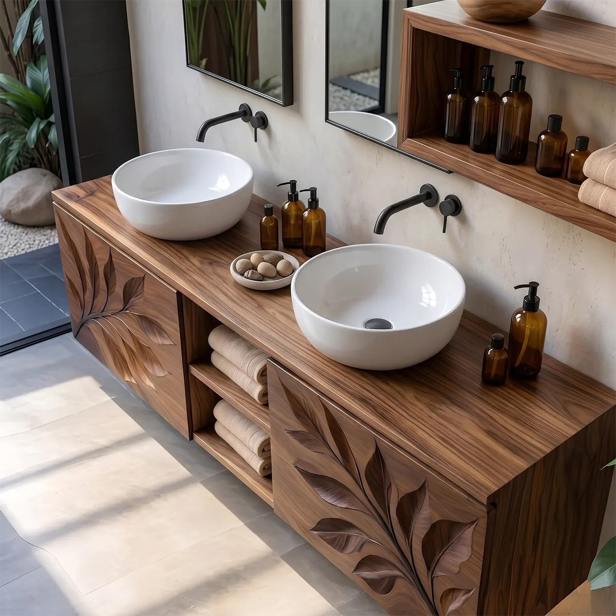 Leaf Carved Floating Double Sink Bathroom Vanity TT006-8363