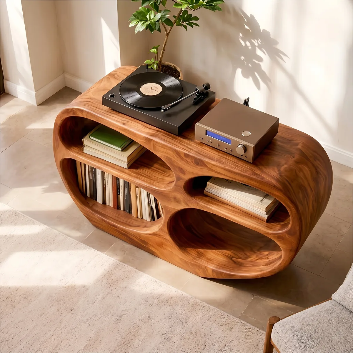Solid Wood Record Player Stand, Modern Vinyl Storage Console with Open Shelves