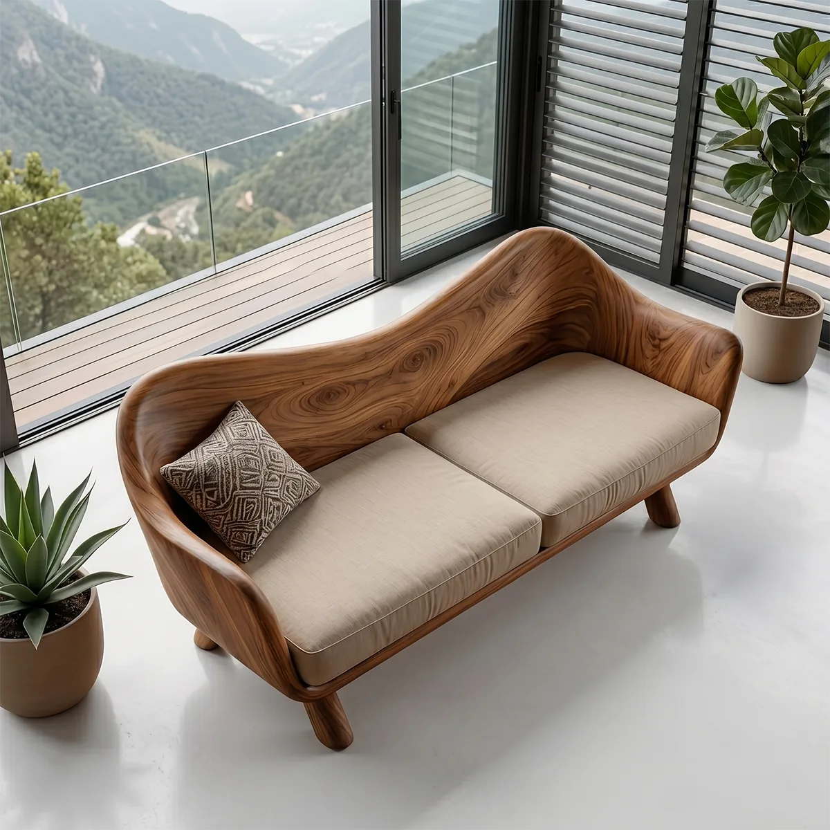 Luxury Organic Modern Outdoor Wooden Sofa with Sculptural Curved Frame