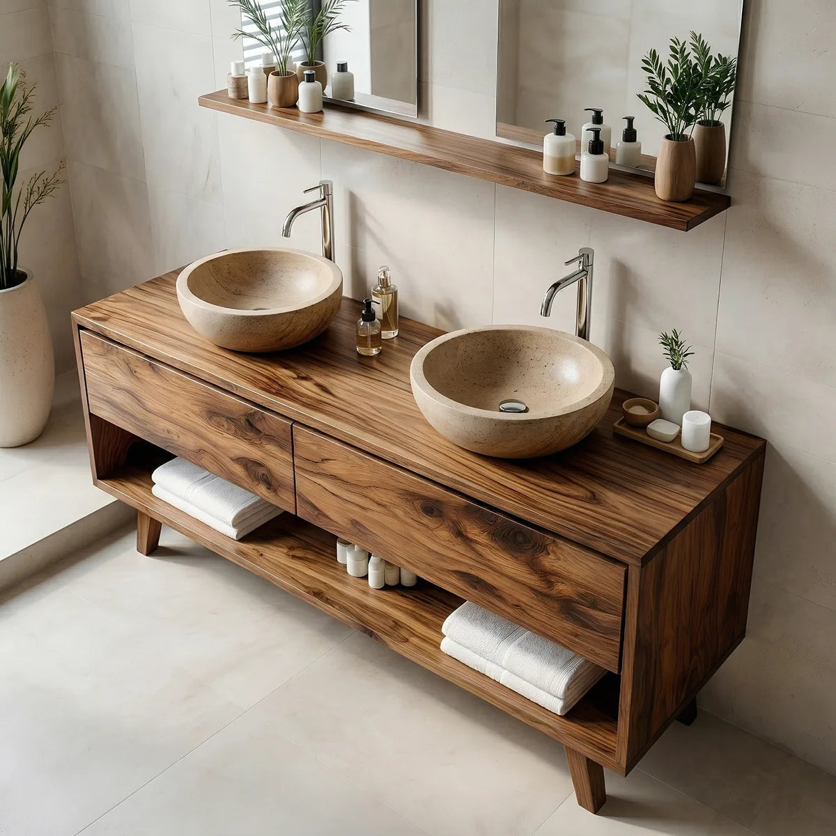 Solid Wood Bathroom Vanity with Open Shelf and 3 Drawers