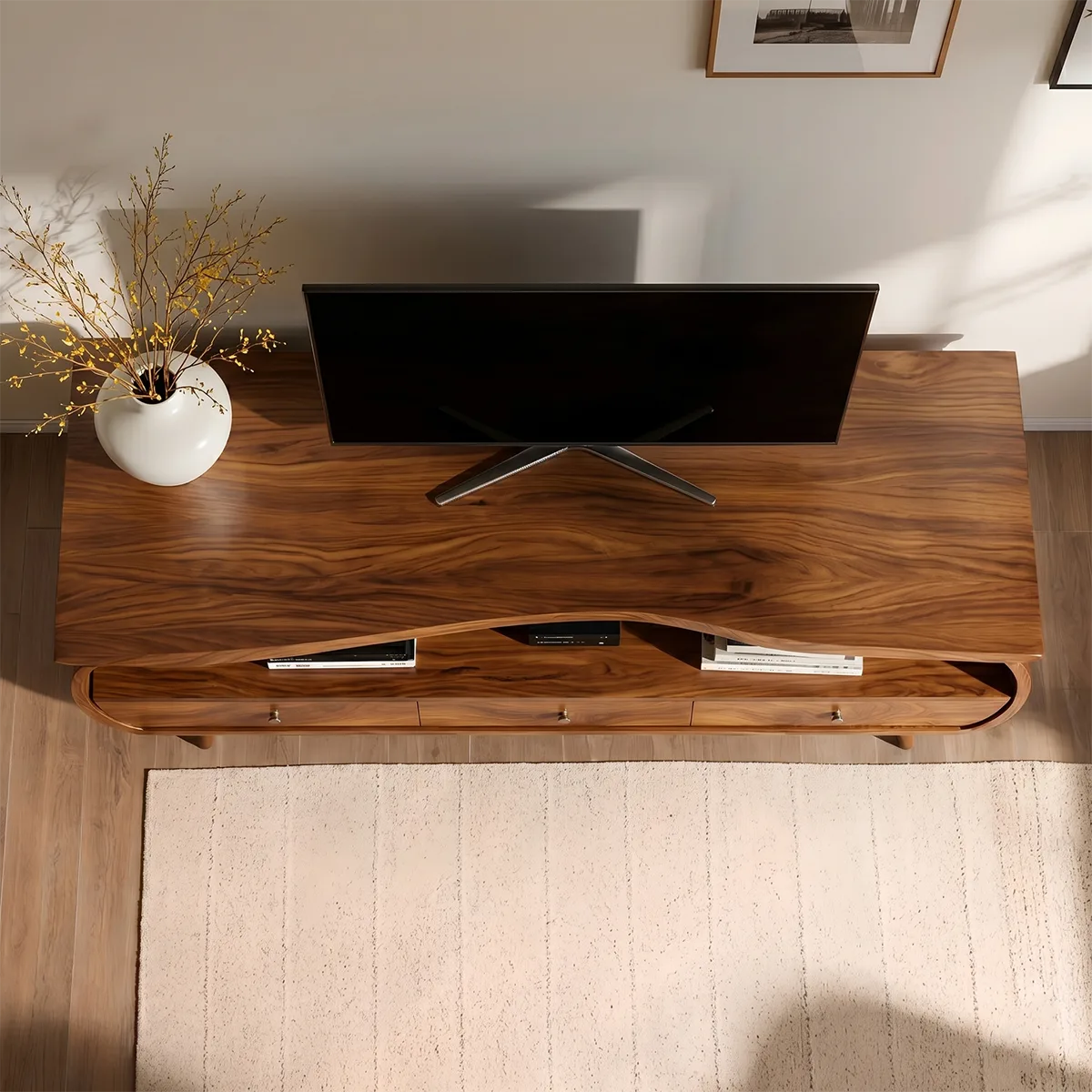 Mid Century Modern Solid Wood Curved TV Stand with Drawers