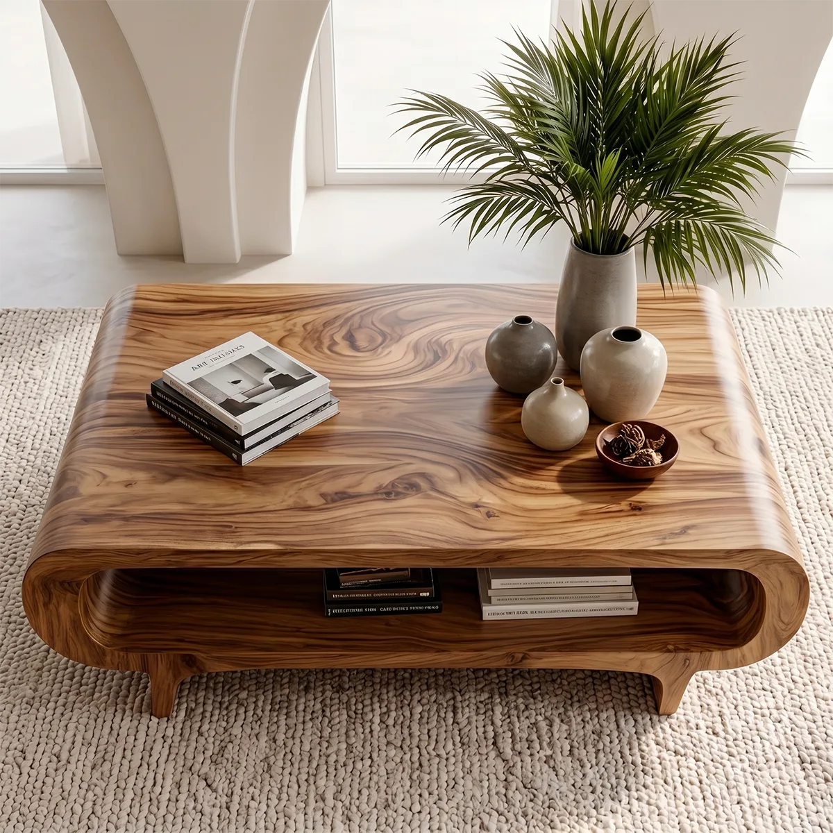 Handcrafted Solid Wood Coffee Table with Oval Silhouette and Open Storage