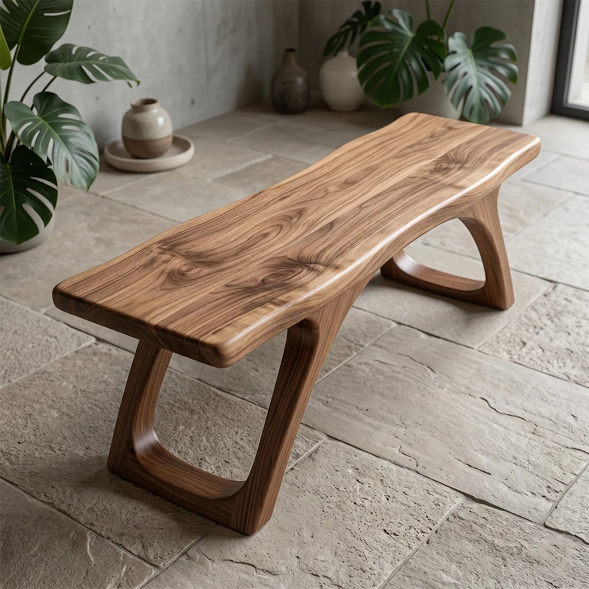 Handcrafted Solid Wood Outdoor Bench Organic Arch Leg Garden Bench