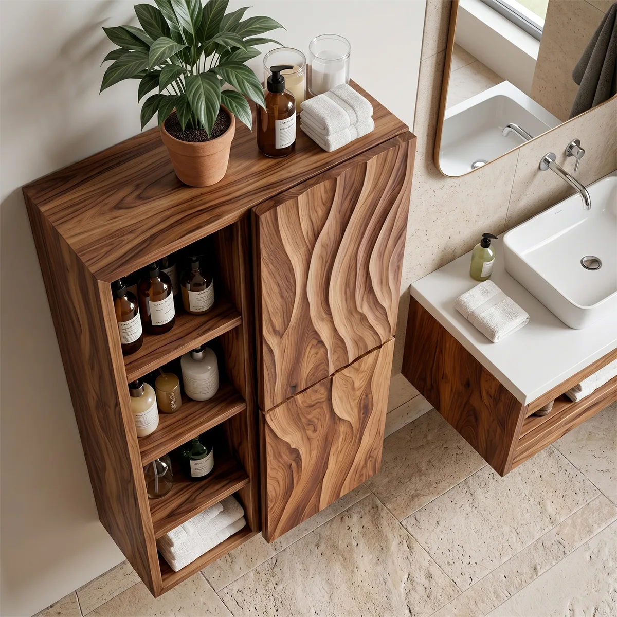 Handcrafted Solid Wood Bathroom Wall Storage Cabinet with Open Shelves
