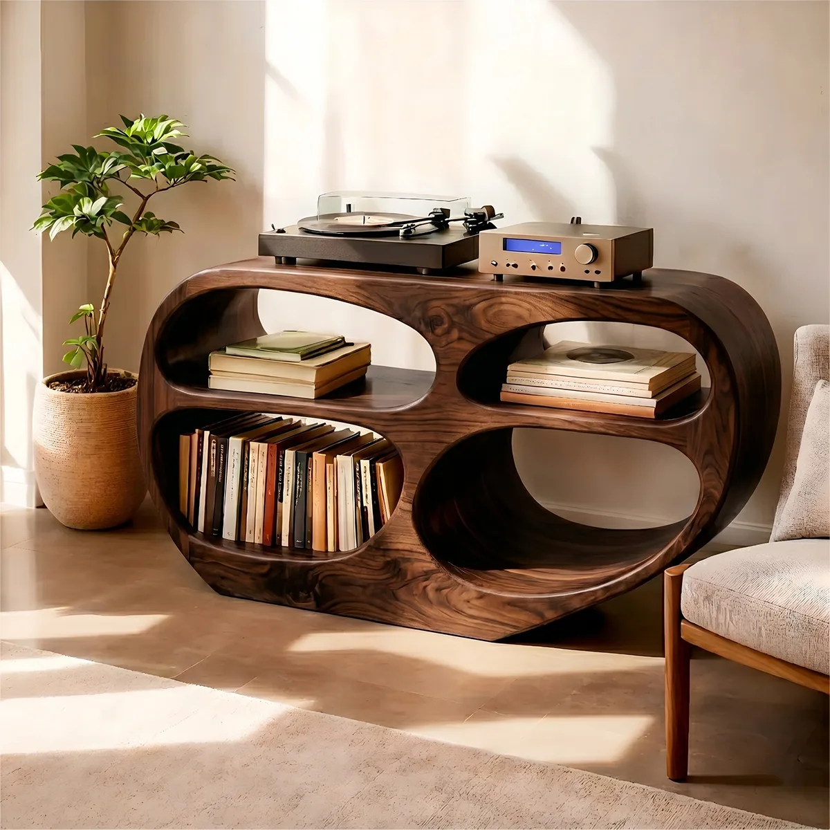 Solid Wood Record Player Stand, Modern Vinyl Storage Console with Open Shelves