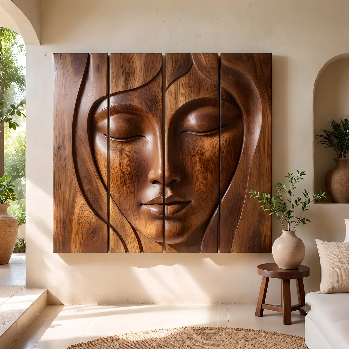 Abstract Wooden Face Wall Art | Large 4 Panel Hand Carved Wood Sculpture TT006-6938