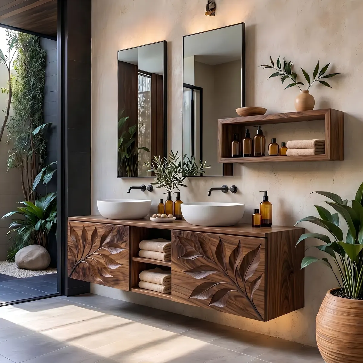 Leaf Carved Floating Double Sink Bathroom Vanity TT006-8363