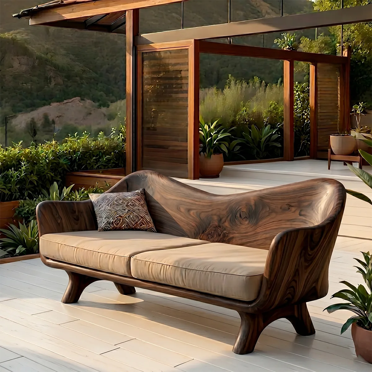 Luxury Organic Modern Outdoor Wooden Sofa with Sculptural Curved Frame