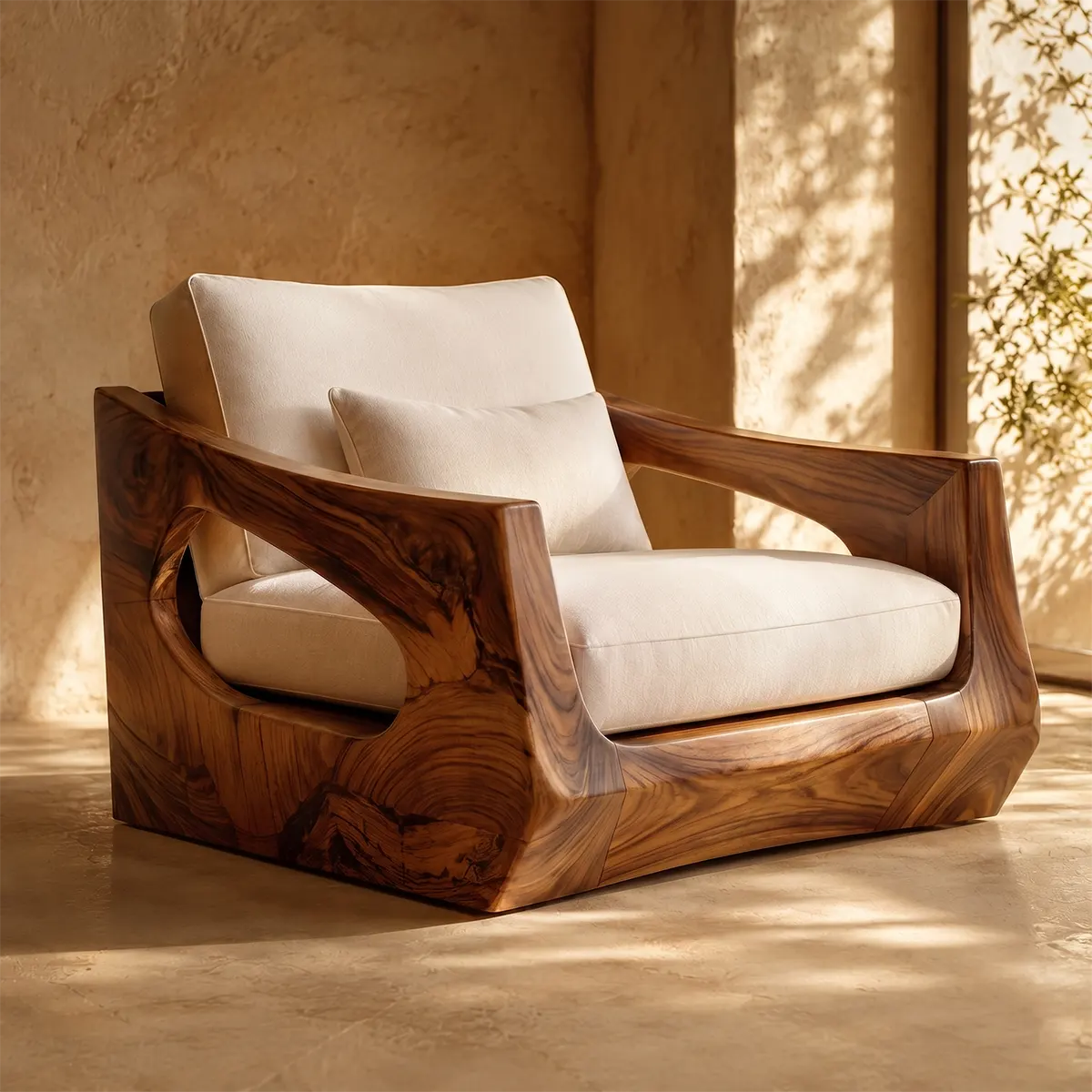 Organic Modern Solid Wood Lounge Chair, Sculptural Wooden Accent Chair for Living Room TT006-4943