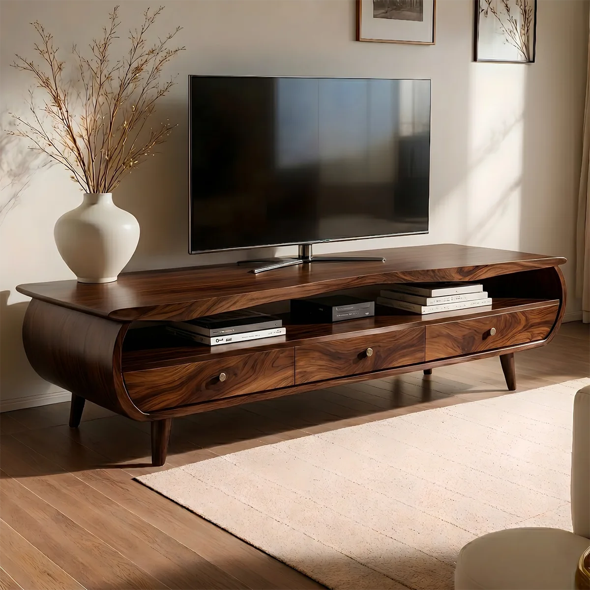 Mid Century Modern Solid Wood Curved TV Stand with Drawers