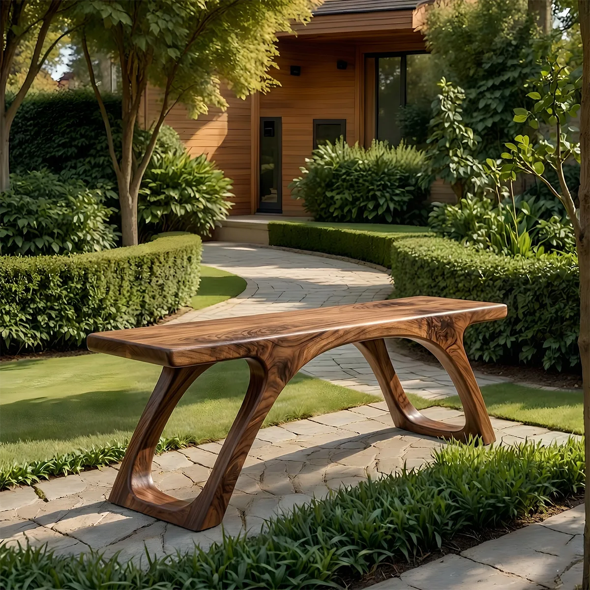 Handcrafted Solid Wood Outdoor Bench Organic Arch Leg Garden Bench