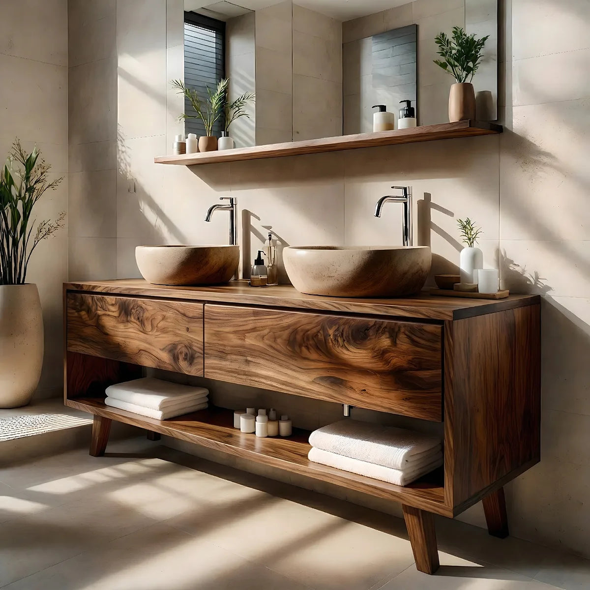 Solid Wood Bathroom Vanity with Open Shelf and 3 Drawers
