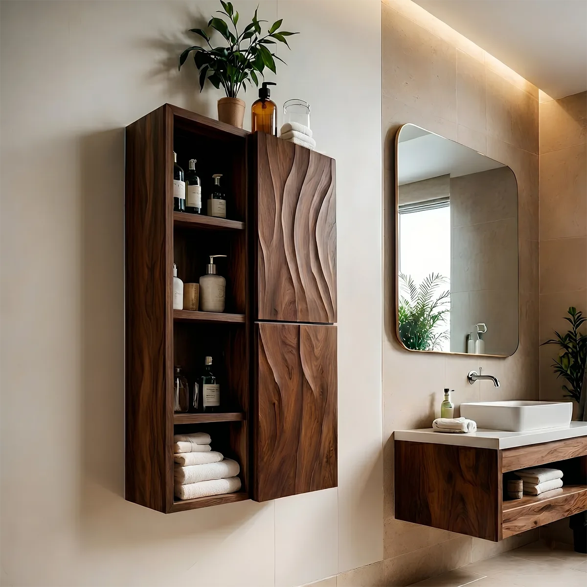 Handcrafted Solid Wood Bathroom Wall Storage Cabinet with Open Shelves