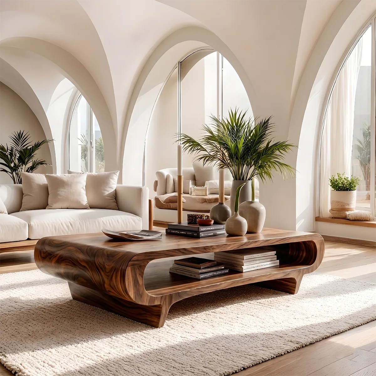 Handcrafted Solid Wood Coffee Table with Oval Silhouette and Open Storage