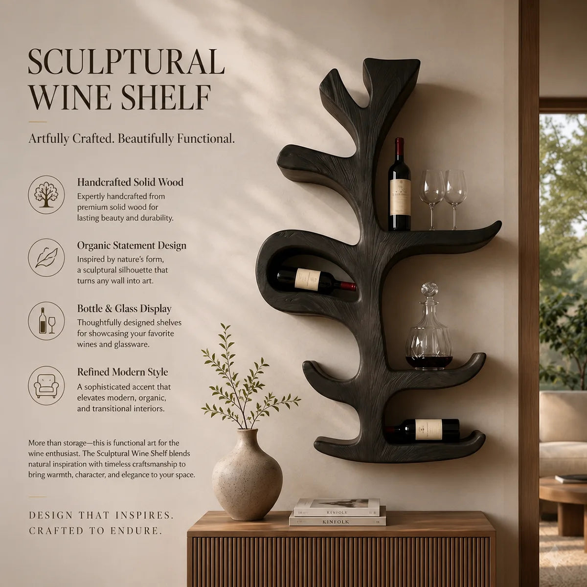 Sculptural Tree Solid Wood Wall Wine Holder for Dining Rooms & Wine Lovers TT006-6823