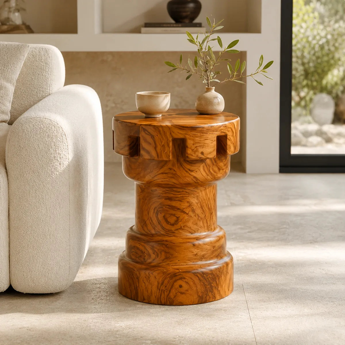Sculptural Notched Wood End Table | Round Tiered Pedestal Side Table TT006-9MJB5ED