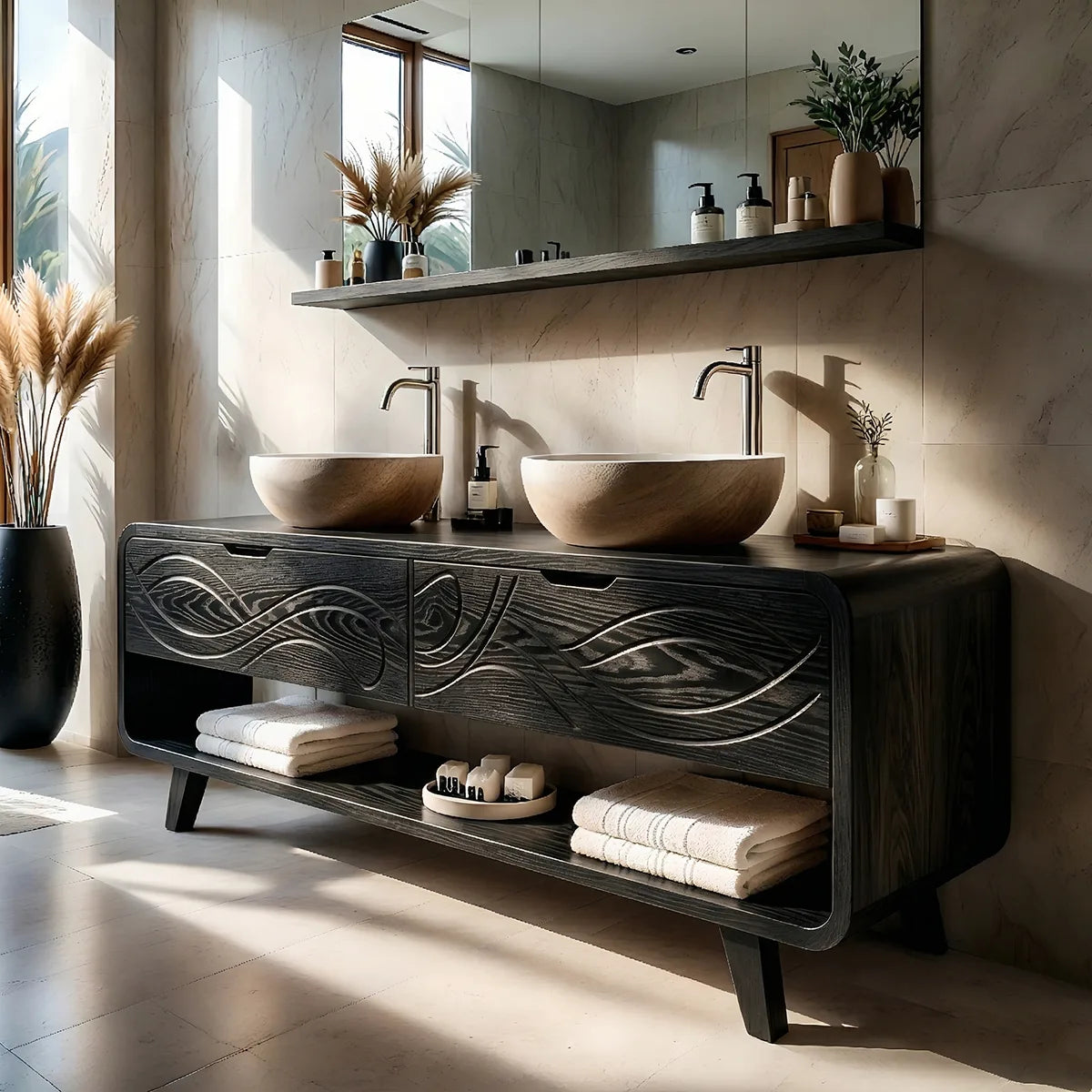 Solid Wood Bathroom Vanity with Carved Wave Drawers and Open Shelf
