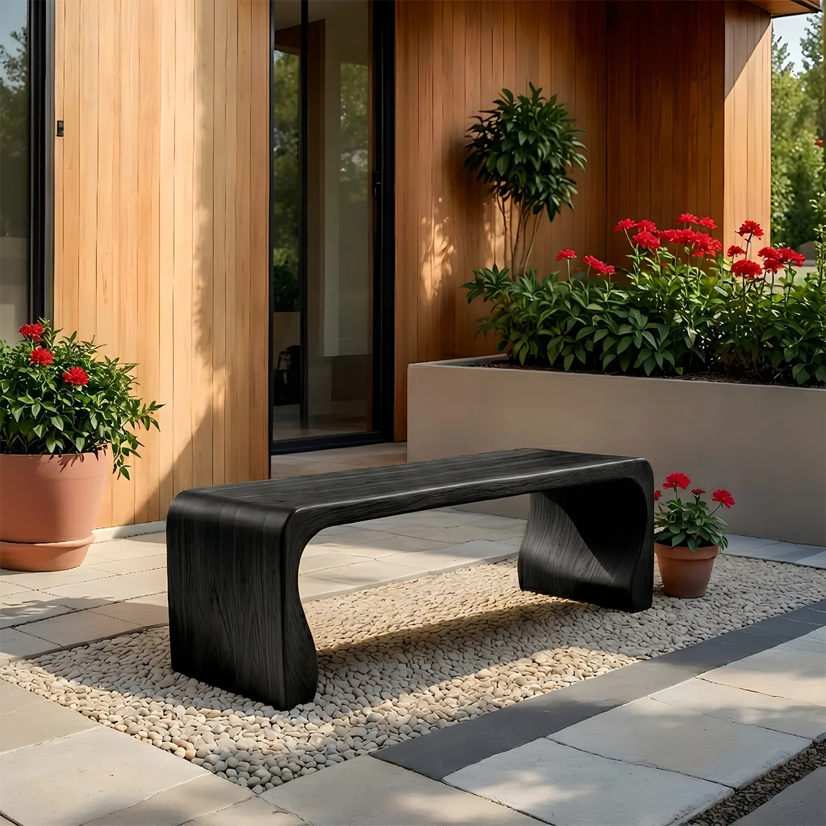 Handcrafted Solid Wood Outdoor Bench Soft Curve Minimalist Garden Bench