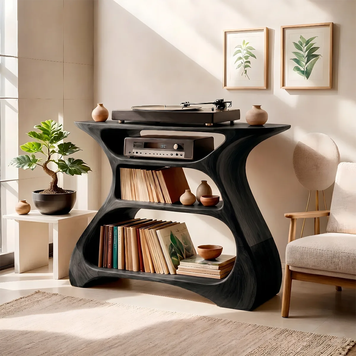 Solid Wood Record Player Stand, Modern Curved Vinyl Storage Console with Open Shelves