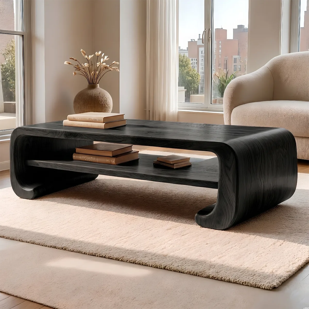 Handcrafted Solid Wood Coffee Table with Continuous Curved Silhouette