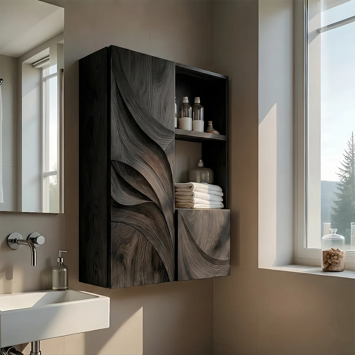 Handcrafted Solid Wood Bathroom Wall Cabinet with Open Shelves