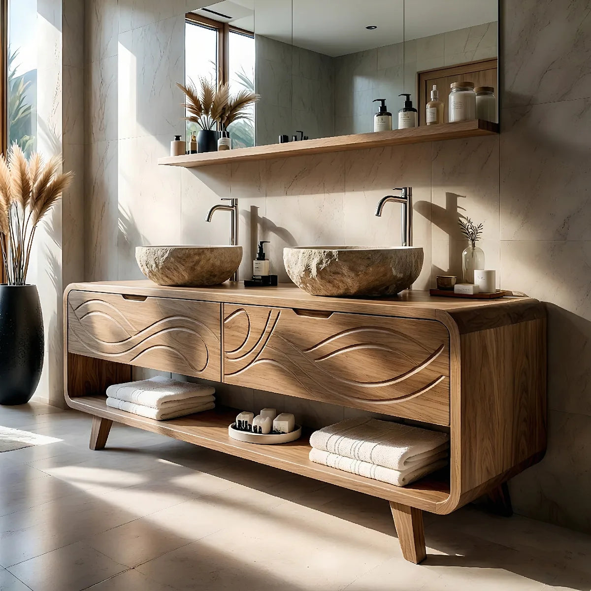 Solid Wood Bathroom Vanity with Carved Wave Drawers and Open Shelf