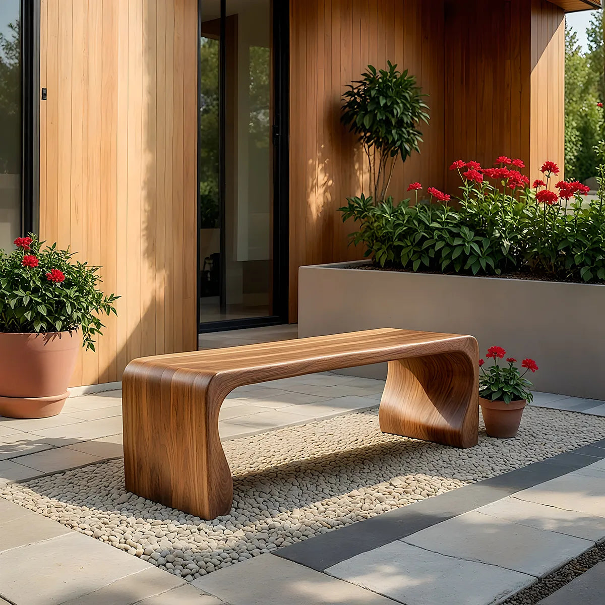 Handcrafted Solid Wood Outdoor Bench Soft Curve Minimalist Garden Bench
