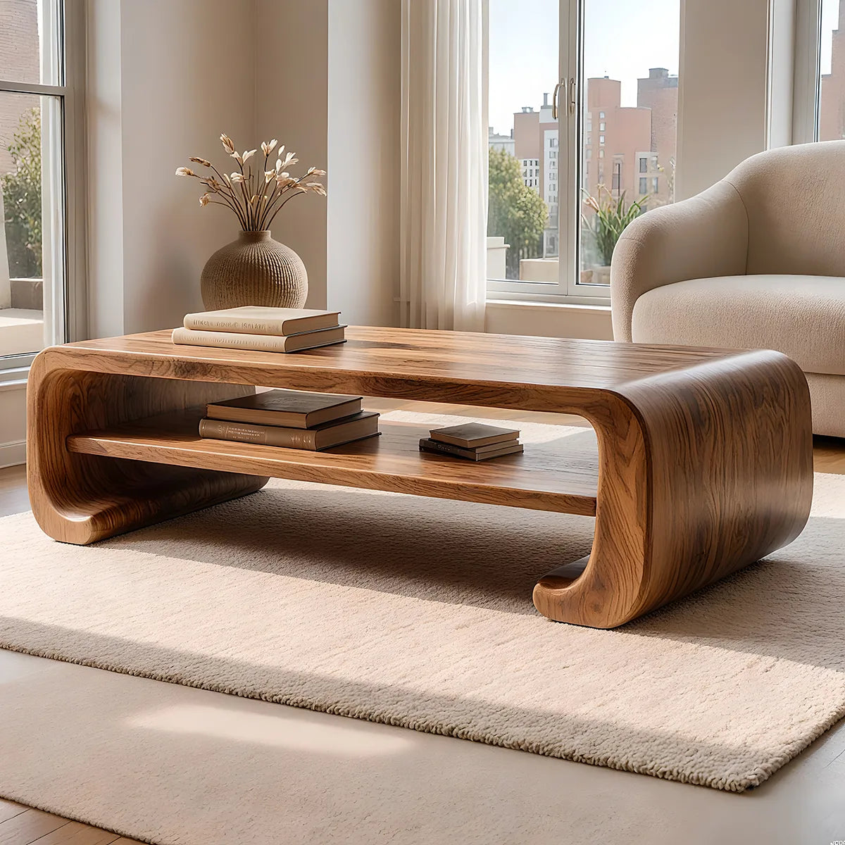 Handcrafted Solid Wood Coffee Table with Continuous Curved Silhouette