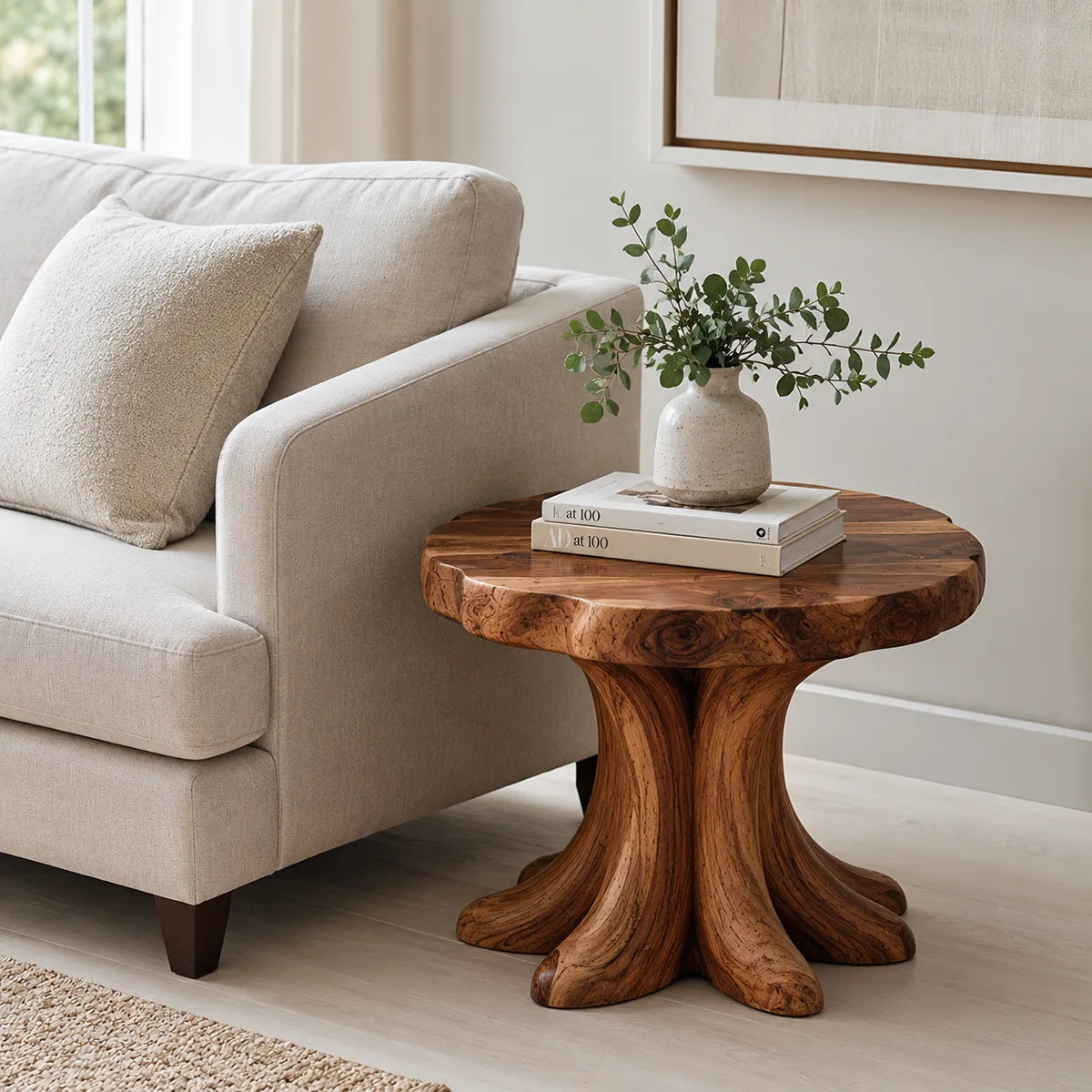 Round Solid Wood Side Table | Sculptural Pedestal Design TH003-7512