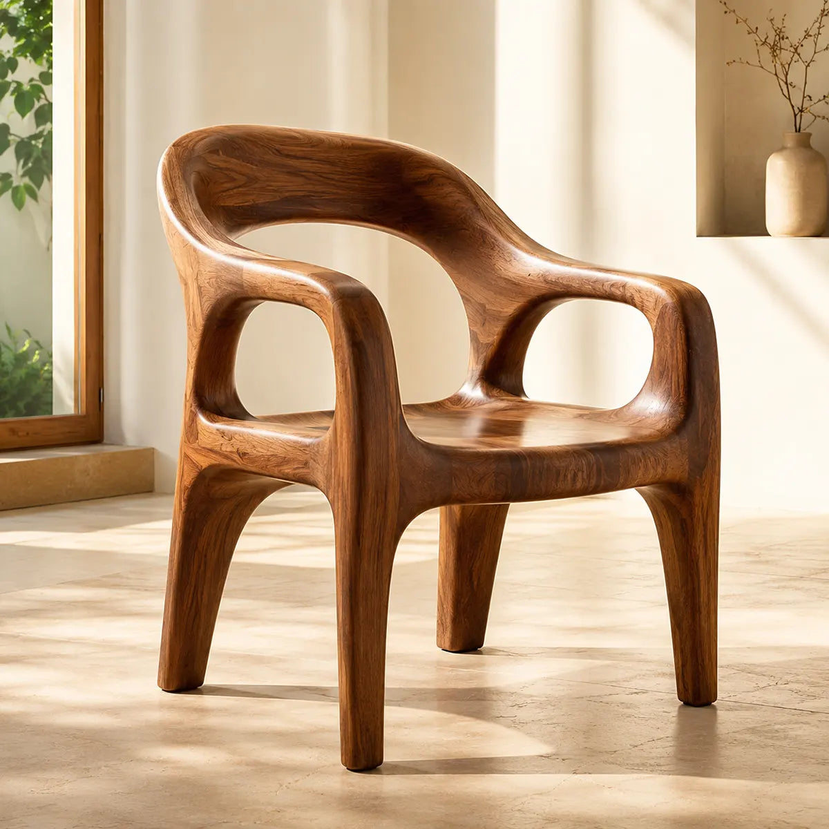 Organic Modern Solid Wood Dining Chair, Sculptural Wooden Arm Chair TT006-6176
