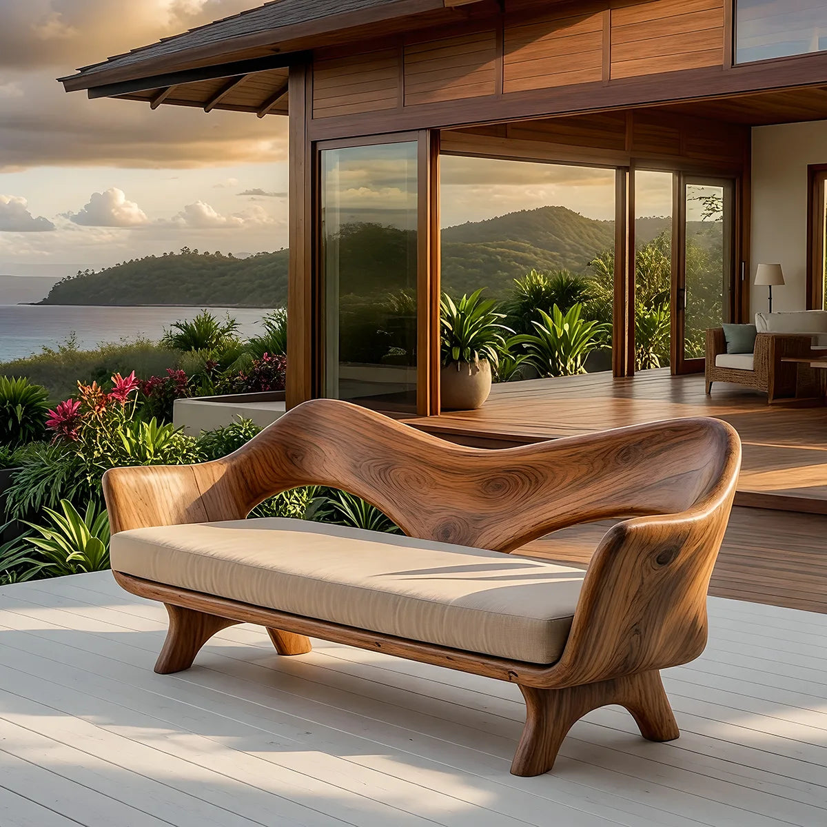 Luxury Sculptural Outdoor Wooden Sofa with Organic Modern Curved Design