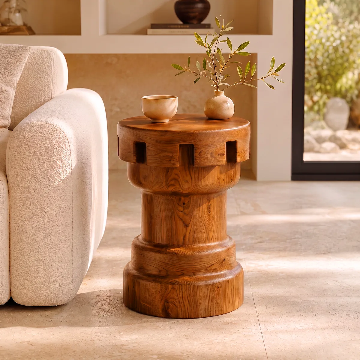 Sculptural Notched Wood End Table | Round Tiered Pedestal Side Table TT006-9MJB5ED