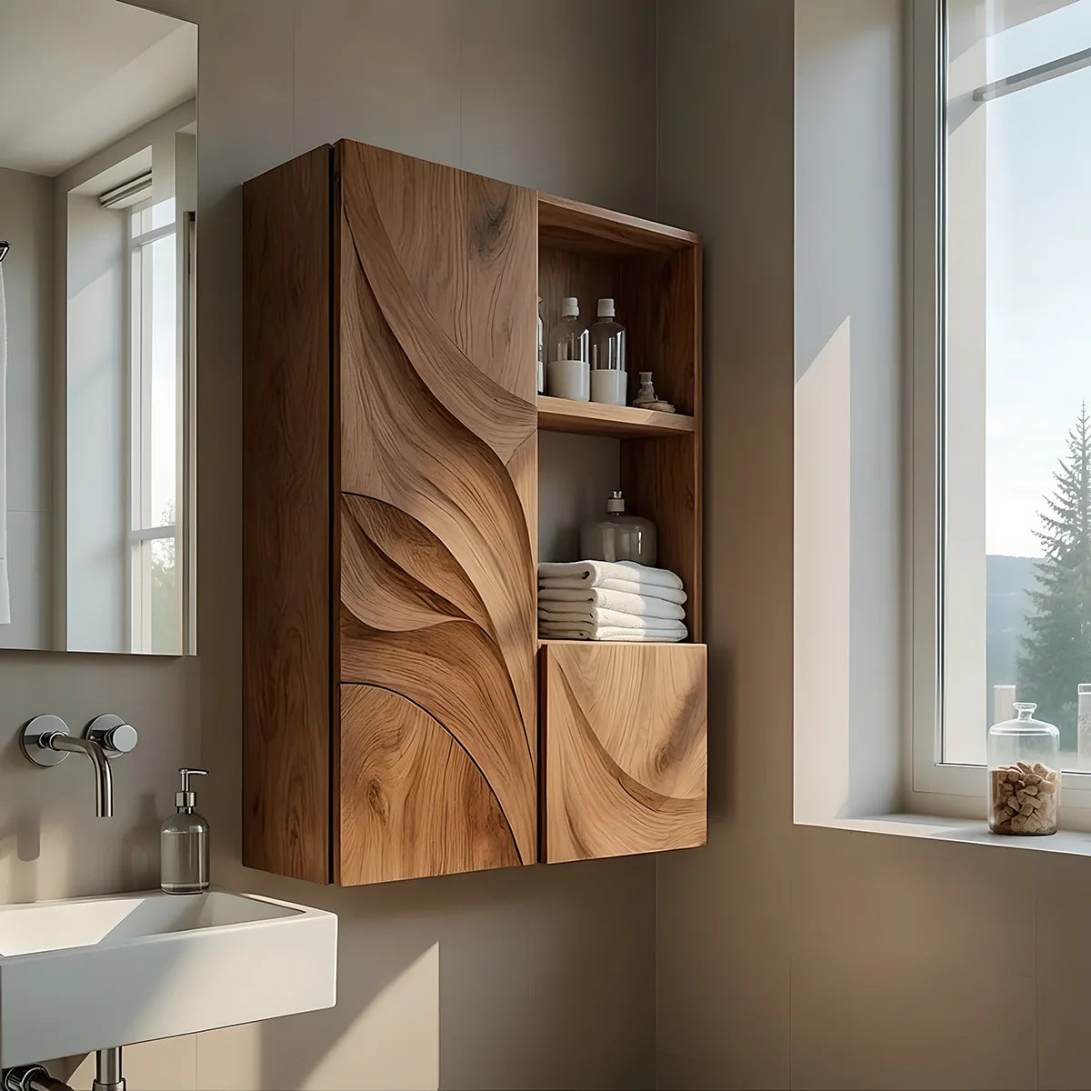 Handcrafted Solid Wood Bathroom Wall Cabinet with Open Shelves