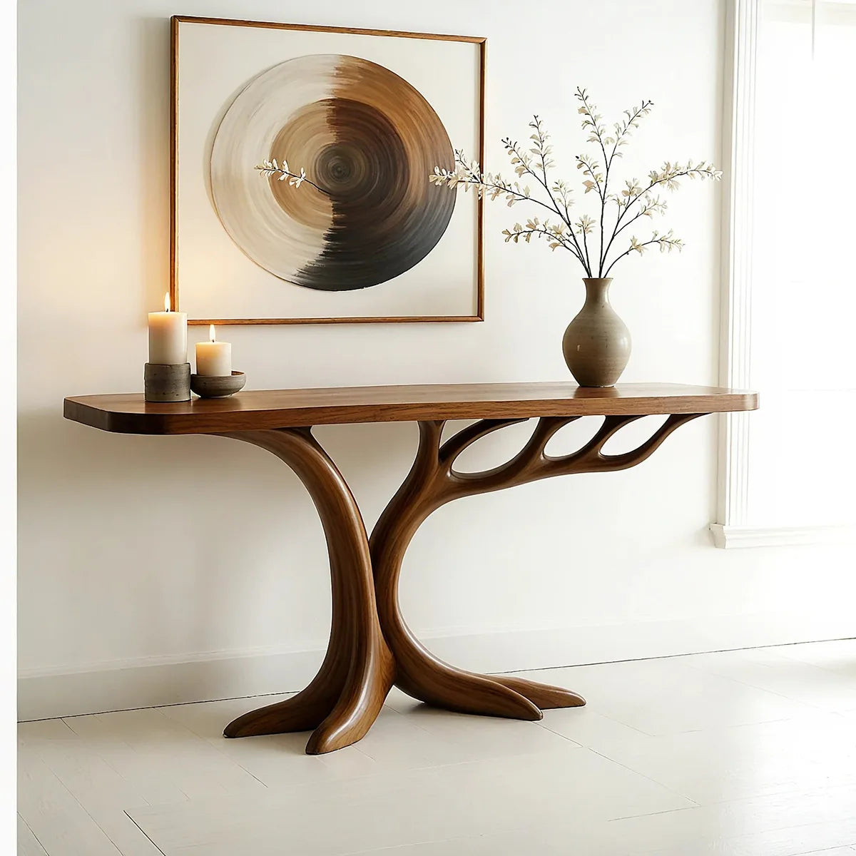 Sculptural Solid Wood Console Table for Entryway & Hallway