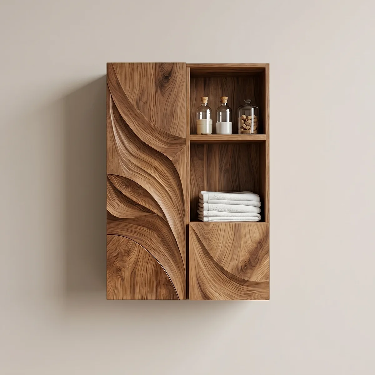Handcrafted Solid Wood Bathroom Wall Cabinet with Open Shelves