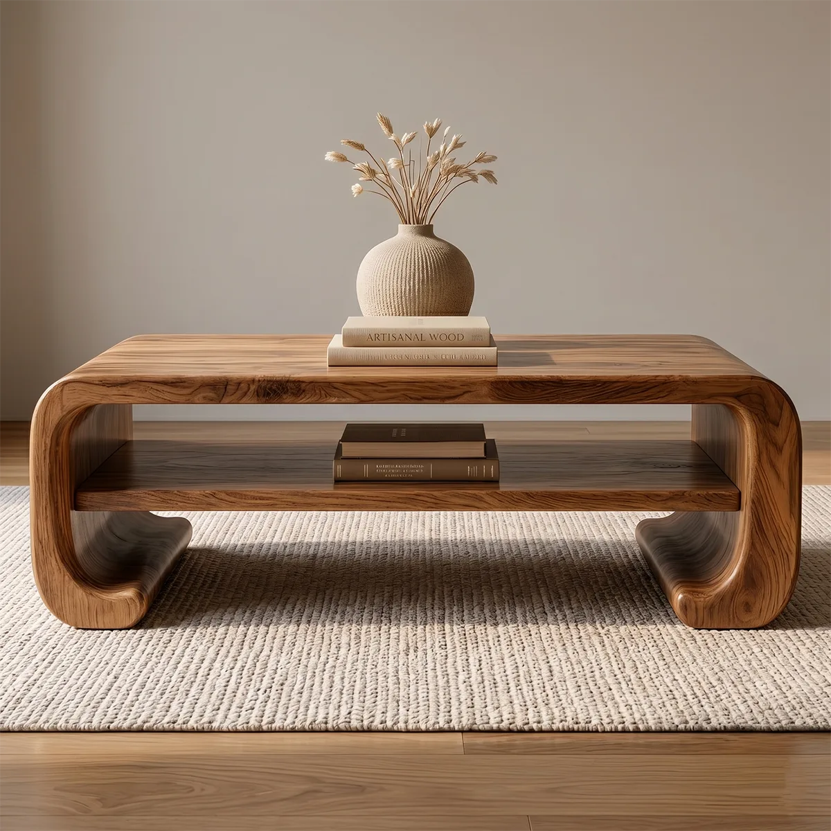 Handcrafted Solid Wood Coffee Table with Continuous Curved Silhouette