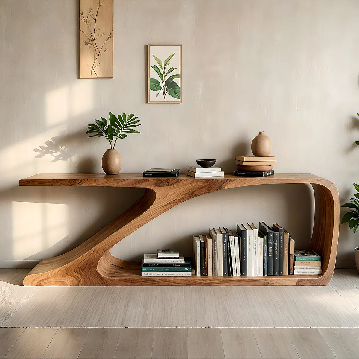 Sculptural Curved Wood Console Table |  Open Shelf Entryway Table HL020-2PQH3QX