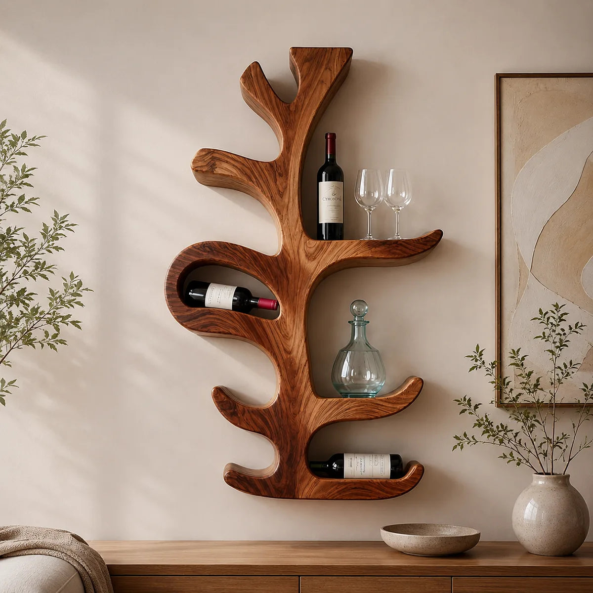 Sculptural Tree Solid Wood Wall Wine Holder for Dining Rooms & Wine Lovers TT006-6823