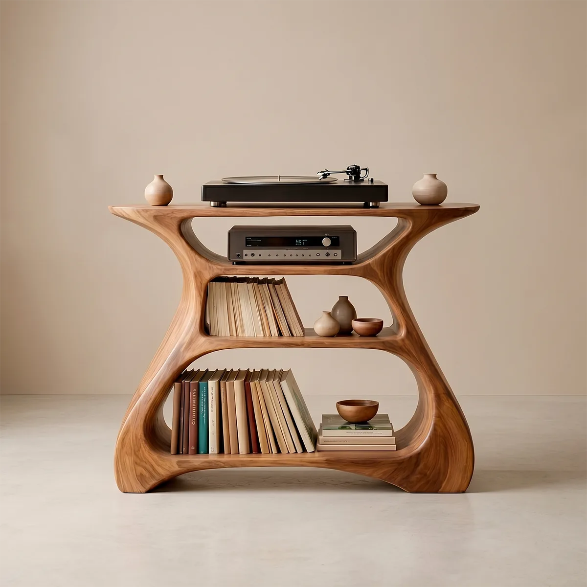 Solid Wood Record Player Stand, Modern Curved Vinyl Storage Console with Open Shelves
