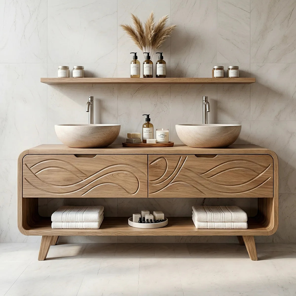 Solid Wood Bathroom Vanity with Carved Wave Drawers and Open Shelf