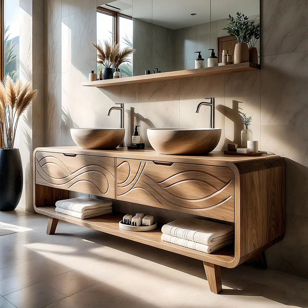 Solid Wood Bathroom Vanity with Carved Wave Drawers and Open Shelf