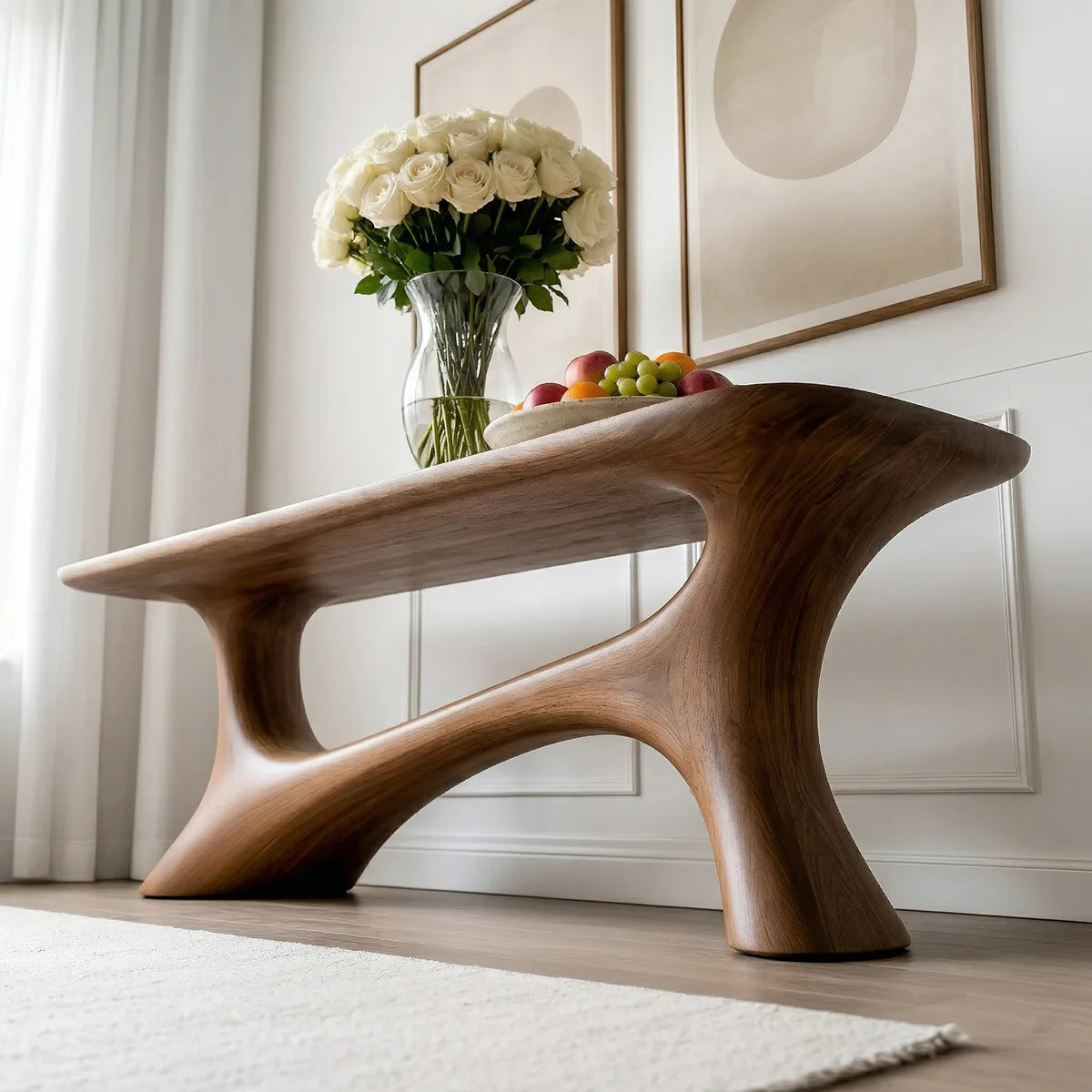 Handcrafted Solid Wood Console Table with Organic Open Arch Base