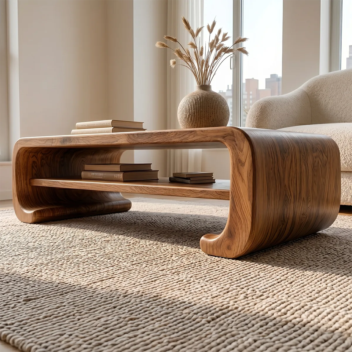 Handcrafted Solid Wood Coffee Table with Continuous Curved Silhouette