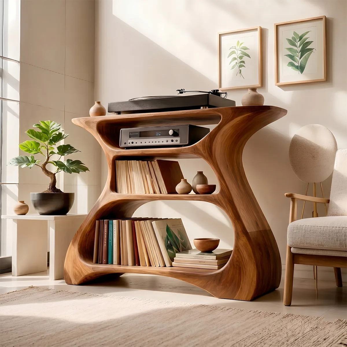 Solid Wood Record Player Stand, Modern Curved Vinyl Storage Console with Open Shelves