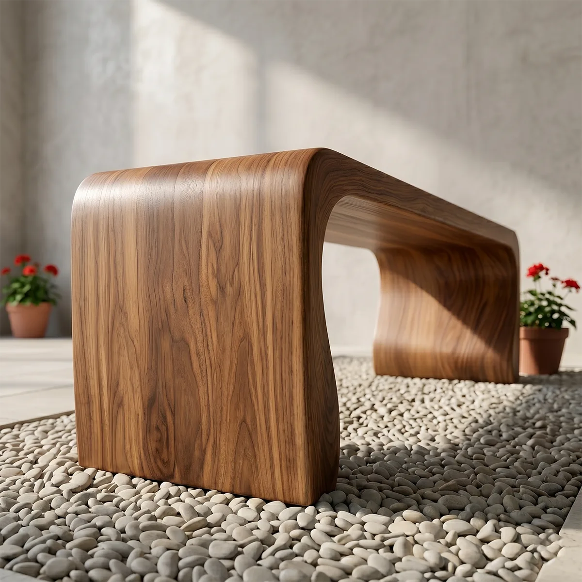 Handcrafted Solid Wood Outdoor Bench Soft Curve Minimalist Garden Bench